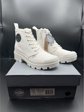 PALLADIUM  Pallabase Twill Star White Platform Side-Zip Boots Women's Size 7.5